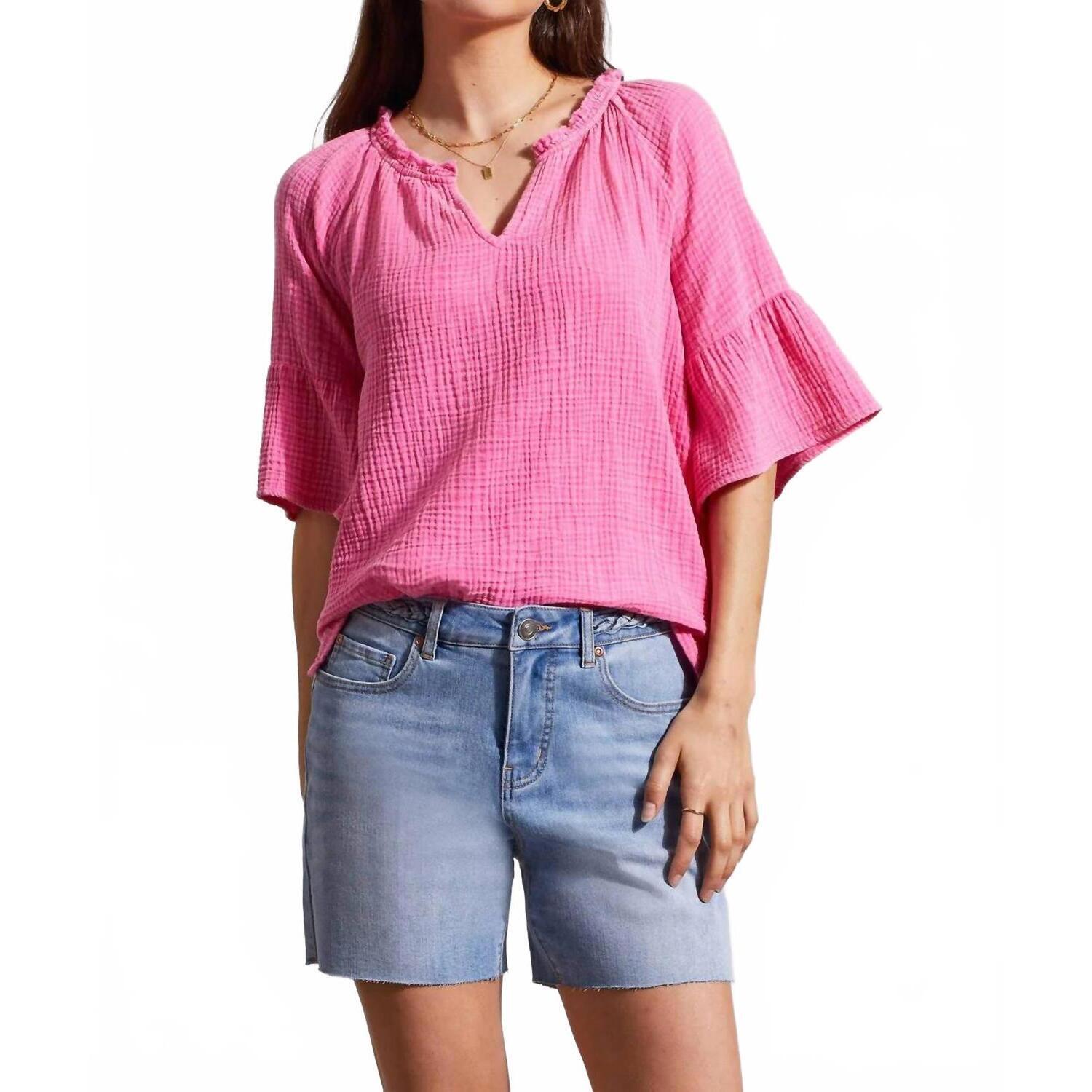 New Tribal Holly Cotton Gauze Raglan Sleeve Top In Hi-Pink